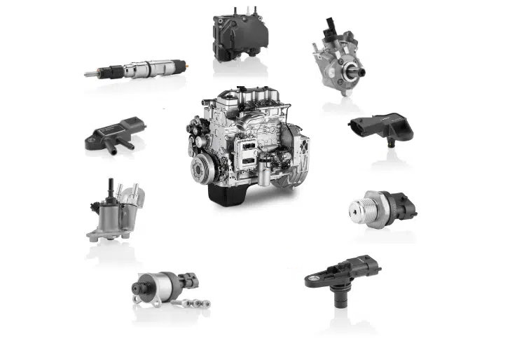 Modern industrial warehouse filled with FPT engines and automotive machinery arranged in organized rows